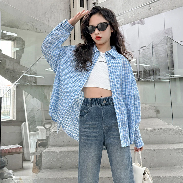 女童格子衬衫2025蓝色新款夏季中大儿童棉布春秋女生洋气甜美衬衣