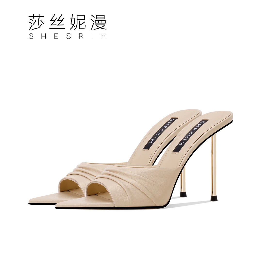 S23-【白月光】高级感凉拖2025夏细跟露趾半拖时尚百搭真皮高跟拖鞋