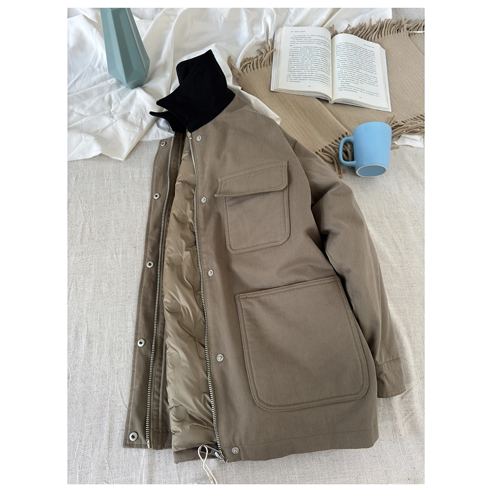 255816 冬季新款女士休闲宽松拼色翻领长袖拉链羽绒外套