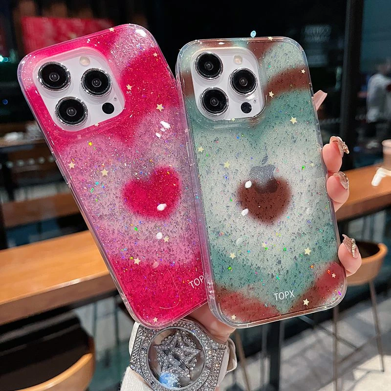适用苹果系列iPhone16新款手机壳梦幻渐变晕染爱心全包大孔保护套