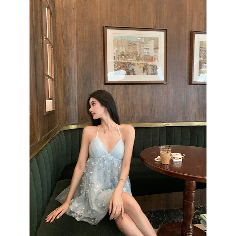 barb chill【海德花园 】花朵网纱挂脖连衣裙甜美风吊带短裙