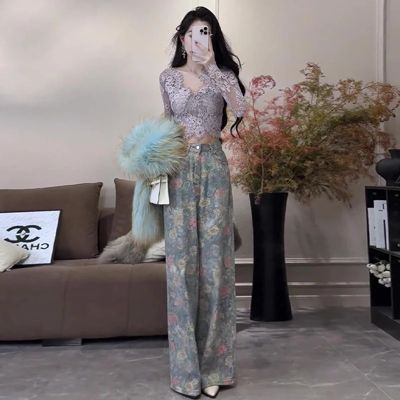 【模特原版】新中式复古玫瑰花牛仔裤女25春秋高腰阔腿裤