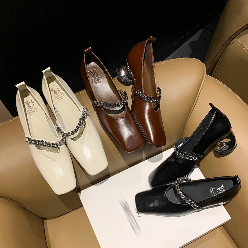 中跟真皮法式V口单鞋女粗跟方头跟鞋浅口时尚百搭气质跟高5cm