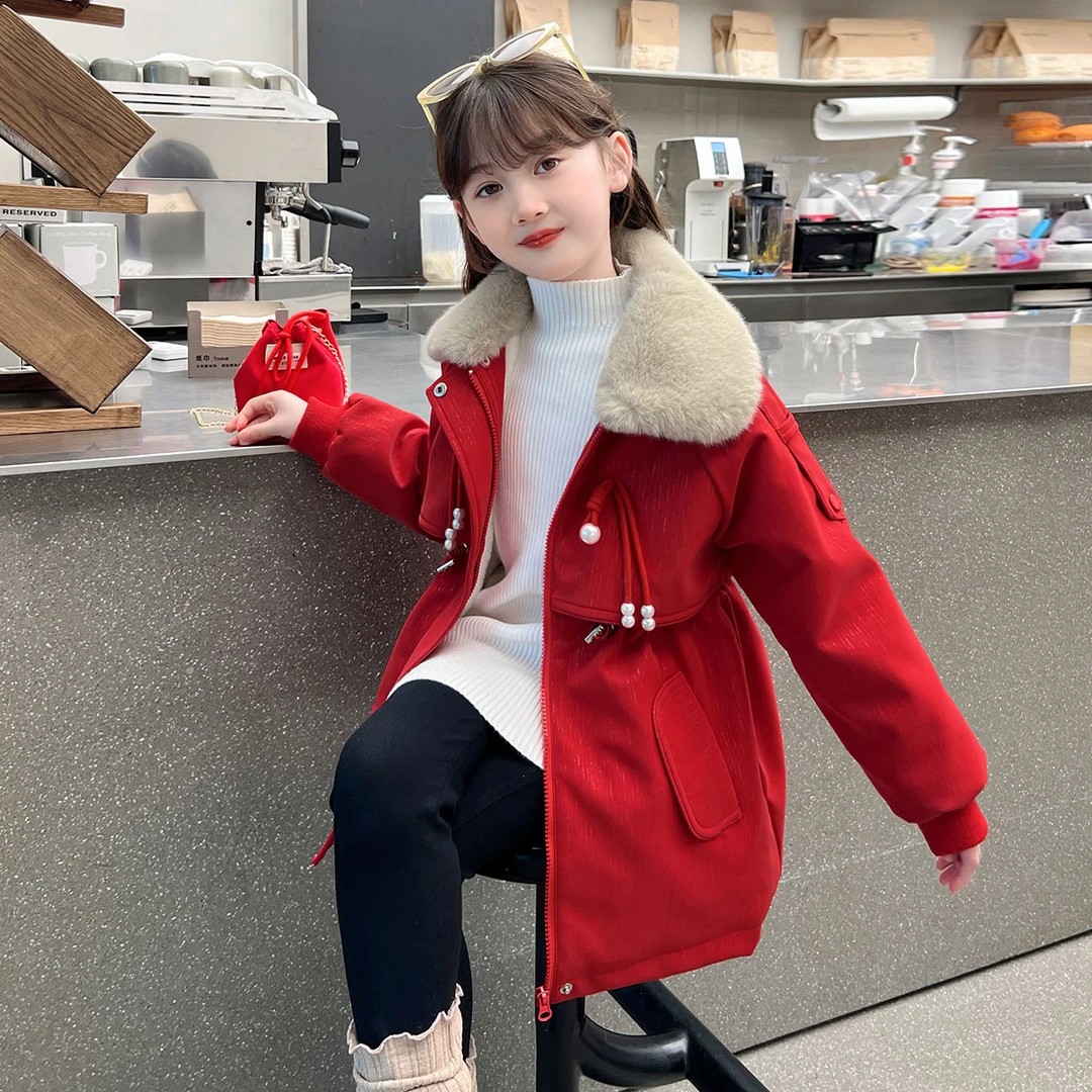 女童派克服2024新款冬装儿童洋气毛领皮衣加绒加厚收腰外套拜年服