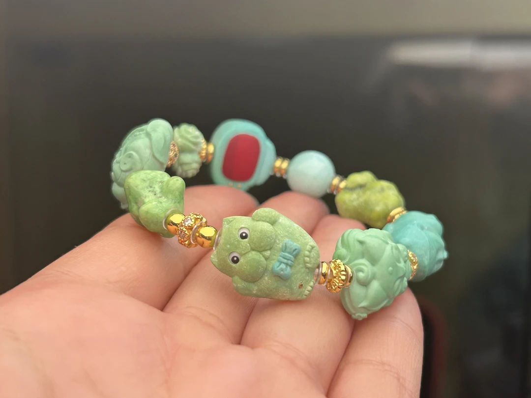 原矿高瓷菜籽黄绿松石雕刻多宝手串