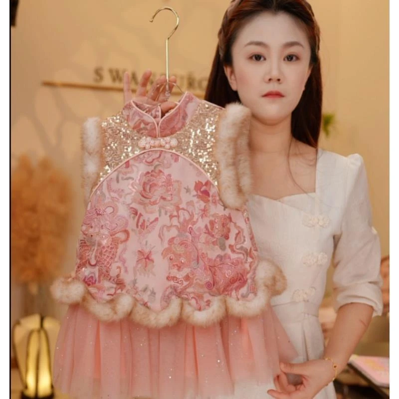 【Y.g5802】2025冬季新款套装裙女宝甜美加绒马甲连衣裙日常冬