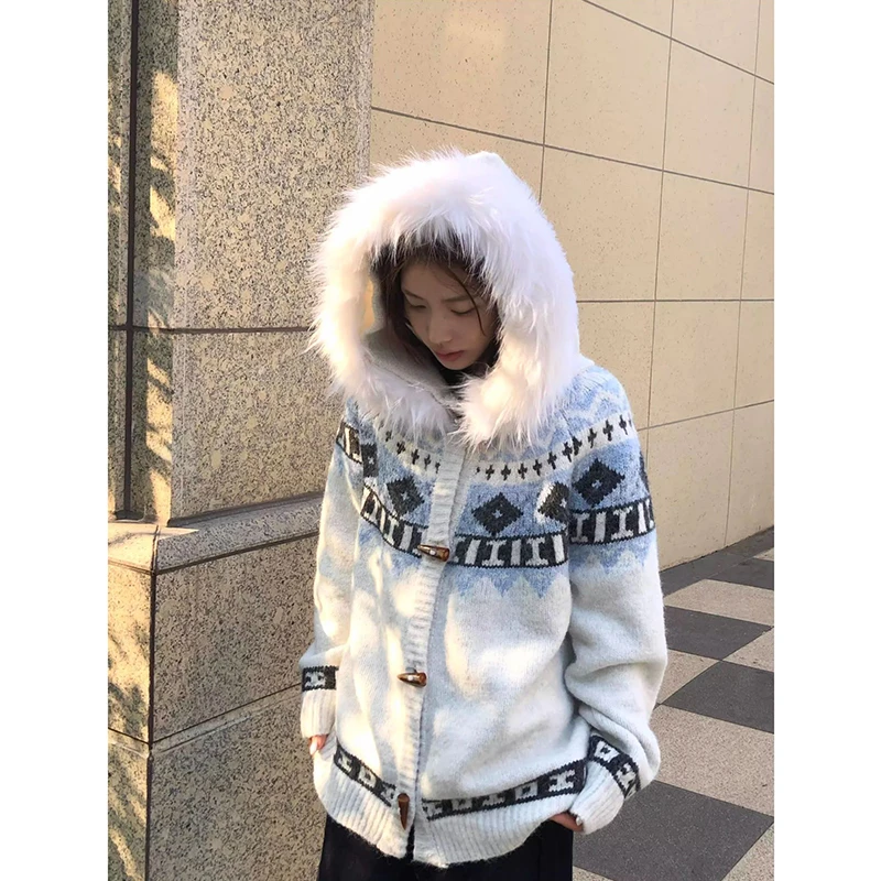 芊喜Studio毛衣外套女秋季新款可拆卸毛领连帽针织衫宽松撞色上衣