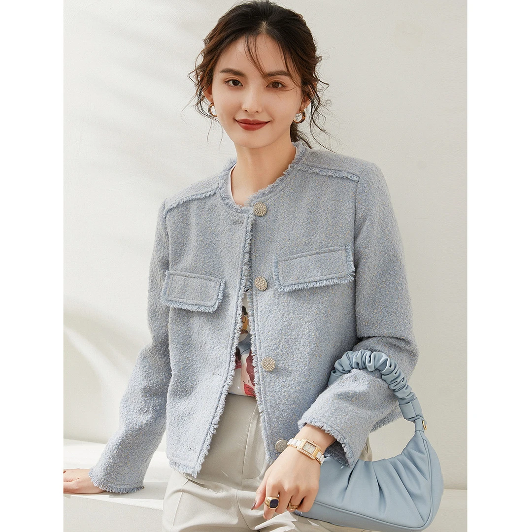 白鹿语春秋款气质毛须边小圆领单排扣小香风粗花呢短外套ZBY10104