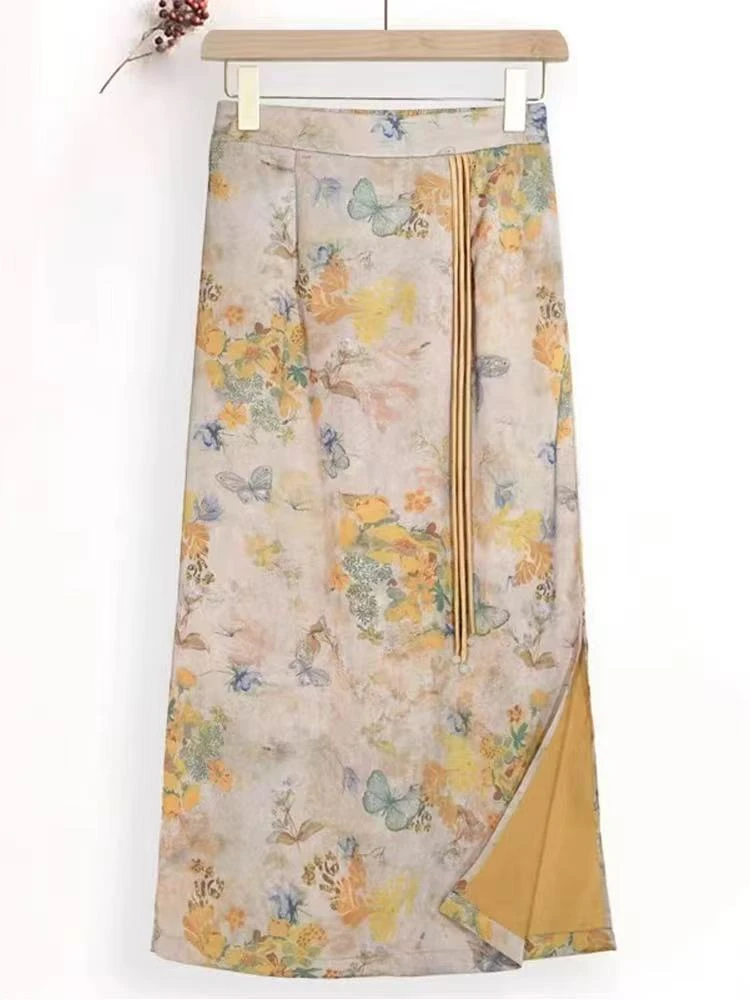 新中式印花复古油画风短裙百搭连衣裙套装半身裙女装