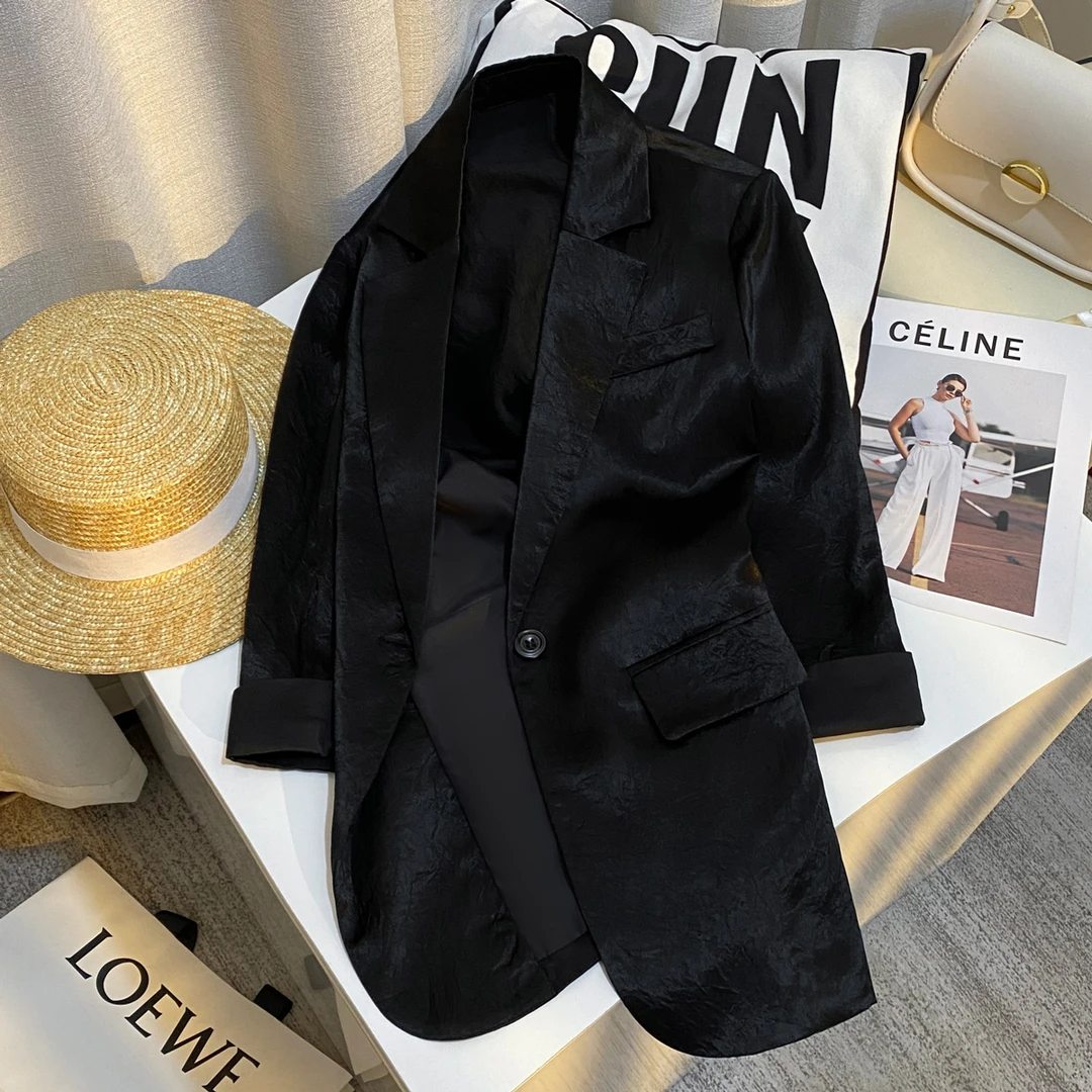 culv黑色西装外套女夏季新款高级质感醋酸缎面休闲显瘦宽松小西服