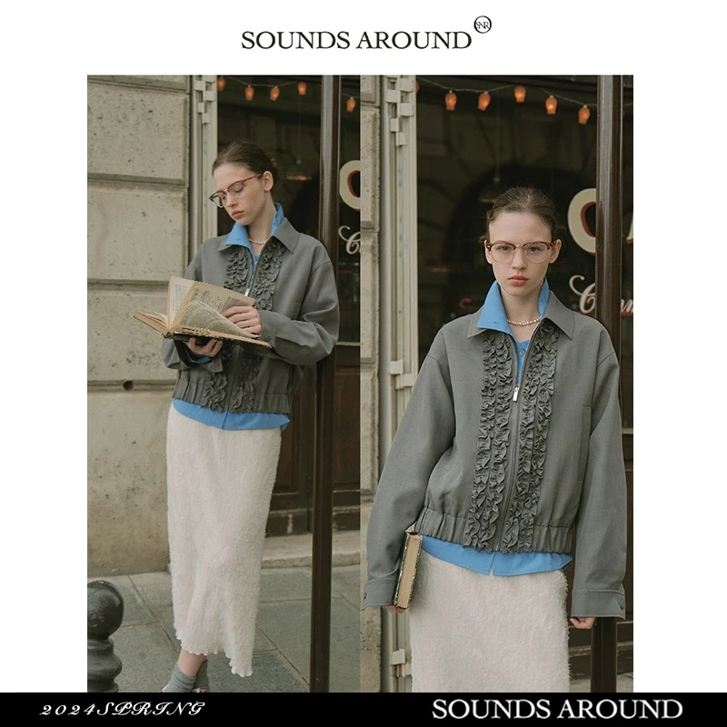 2025初春焕新miu系木耳边灰色复古格雷系飞行员夹克