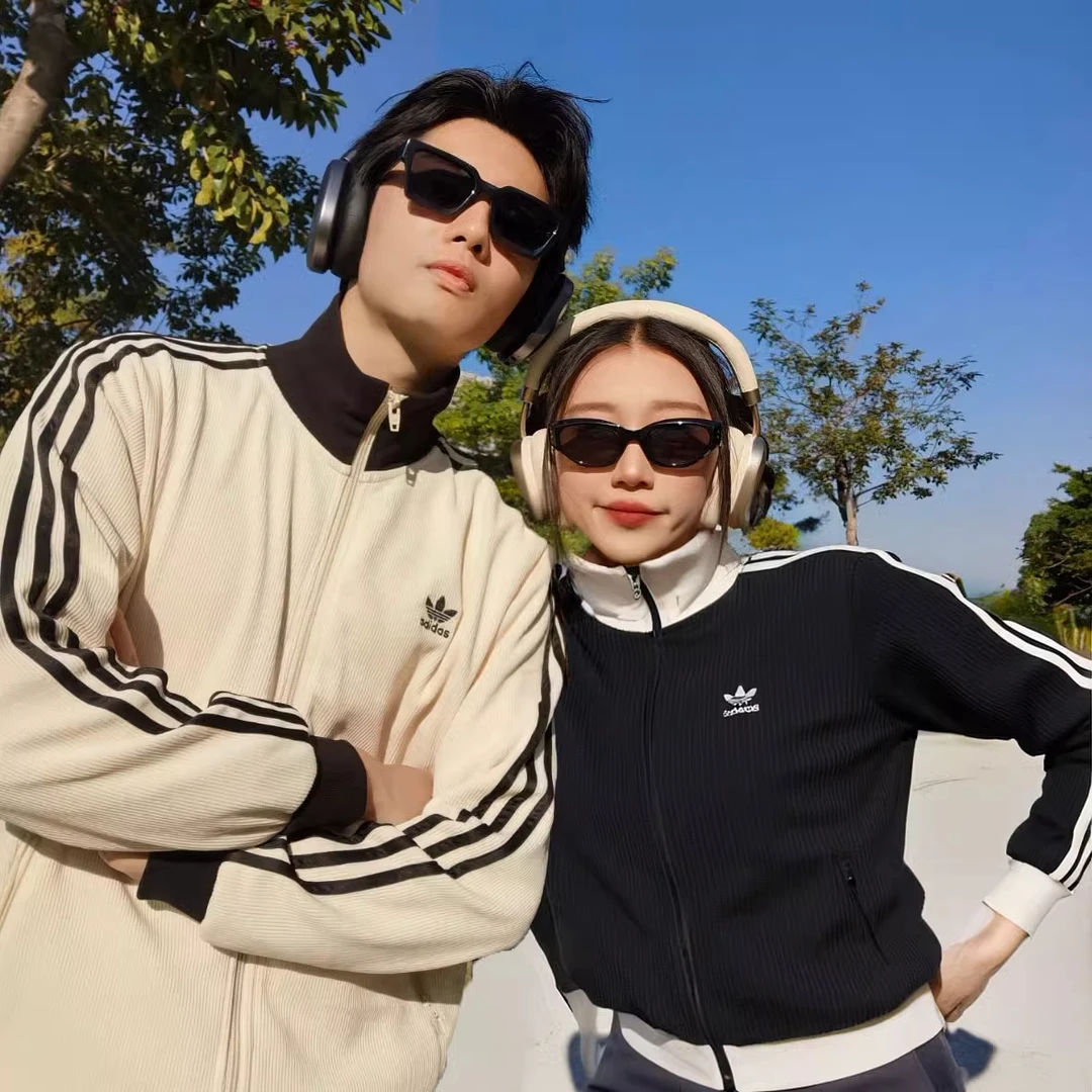 adidas阿迪达斯三叶草华夫格立领外套女2025新款情侣运动条纹夹克