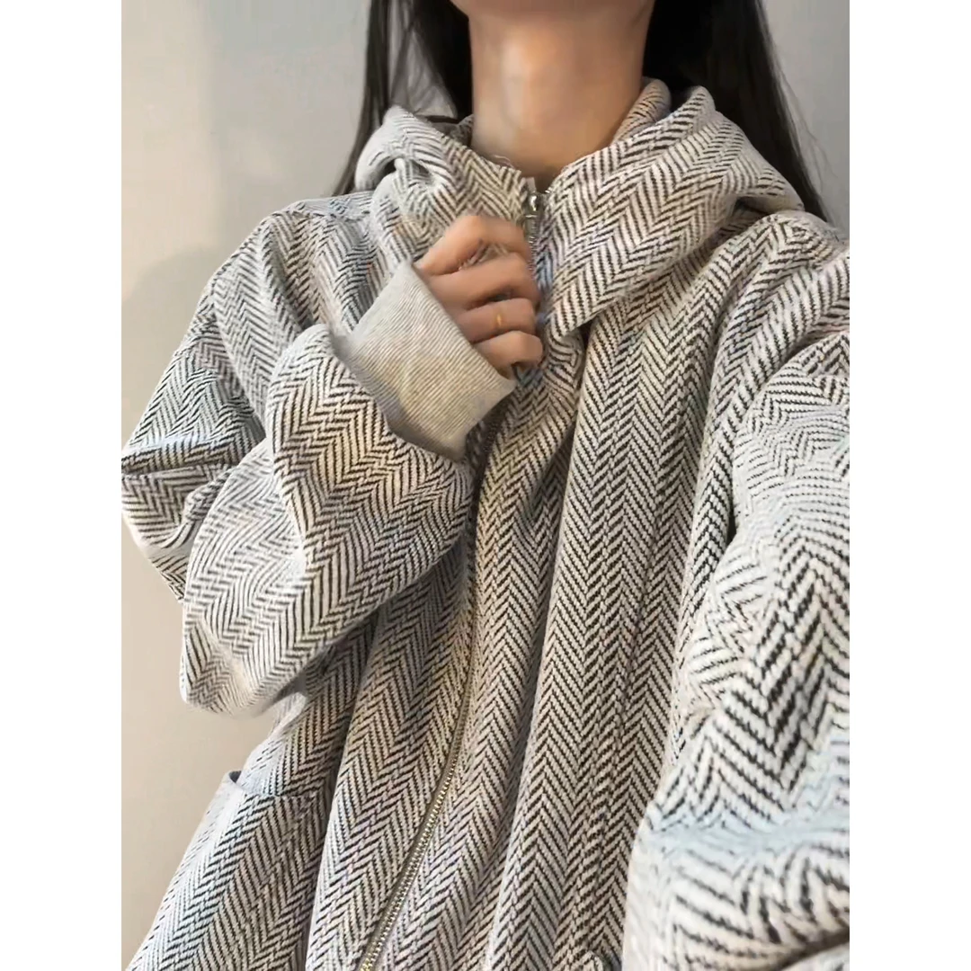小香风千鸟格卫衣开衫男春秋宽松休闲衣服潮牌哈灵顿连帽夹克外套