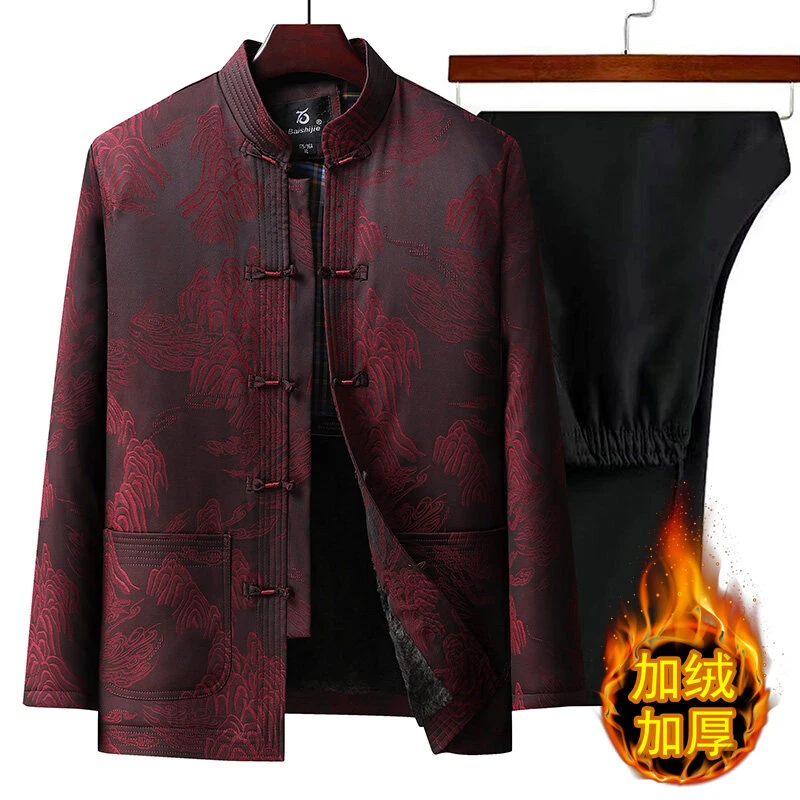唐装男中老年人爸爸装加绒加厚款中国风汉服外套爷爷休闲老人套装