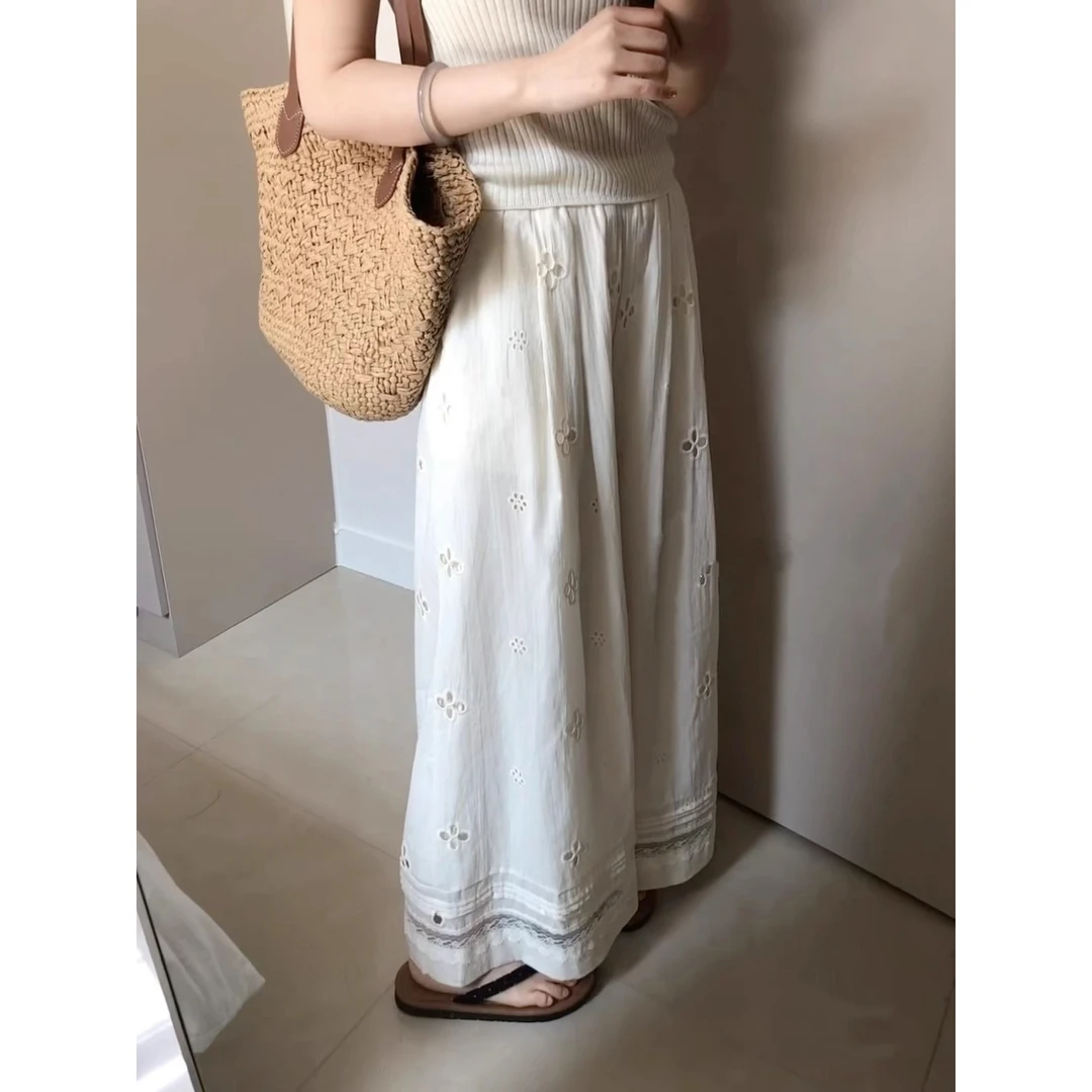 小众设计感镂空蕾丝拼接休闲裤女夏季高腰宽松阔腿裤慵懒风直筒裤