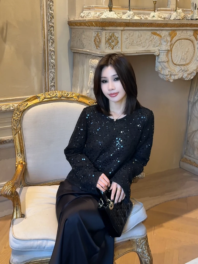 LUXURYMEMO【暗夜星河】珠片双层船领气质显瘦上衣