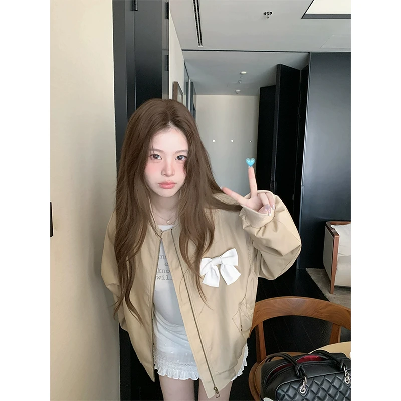 韩系甜美立体蝴蝶结立领夹克外套女秋季新款宽松型休闲百搭上衣潮