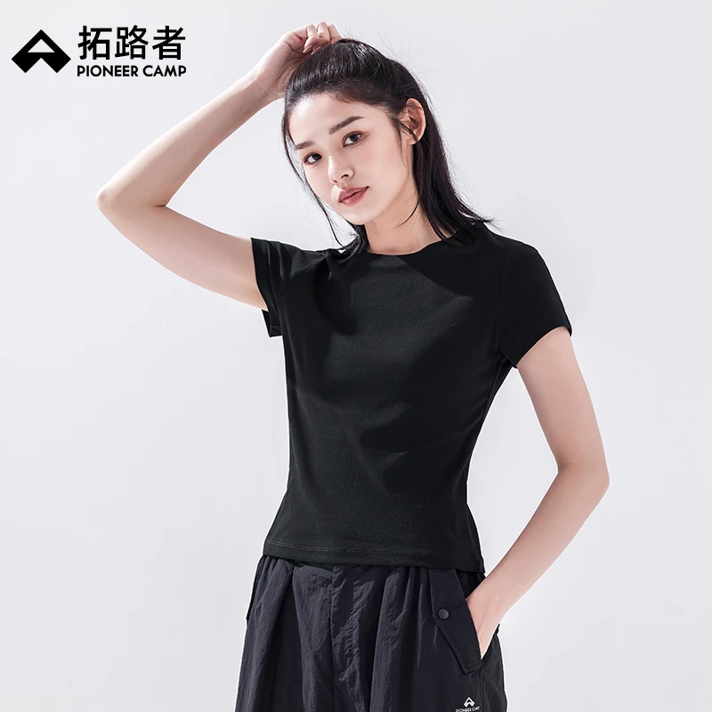 拓路者夏季透气短袖T恤衫女舒适百搭圆领半袖纯色短款合身体恤衫