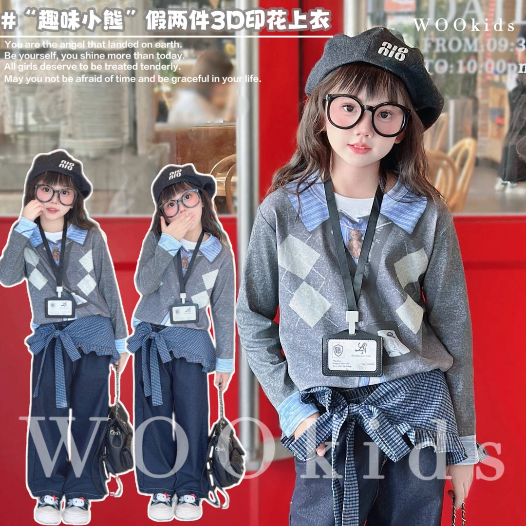现货-WOOkids8【满分出勤】童装装新款假两件设计师卫衣 W25071105