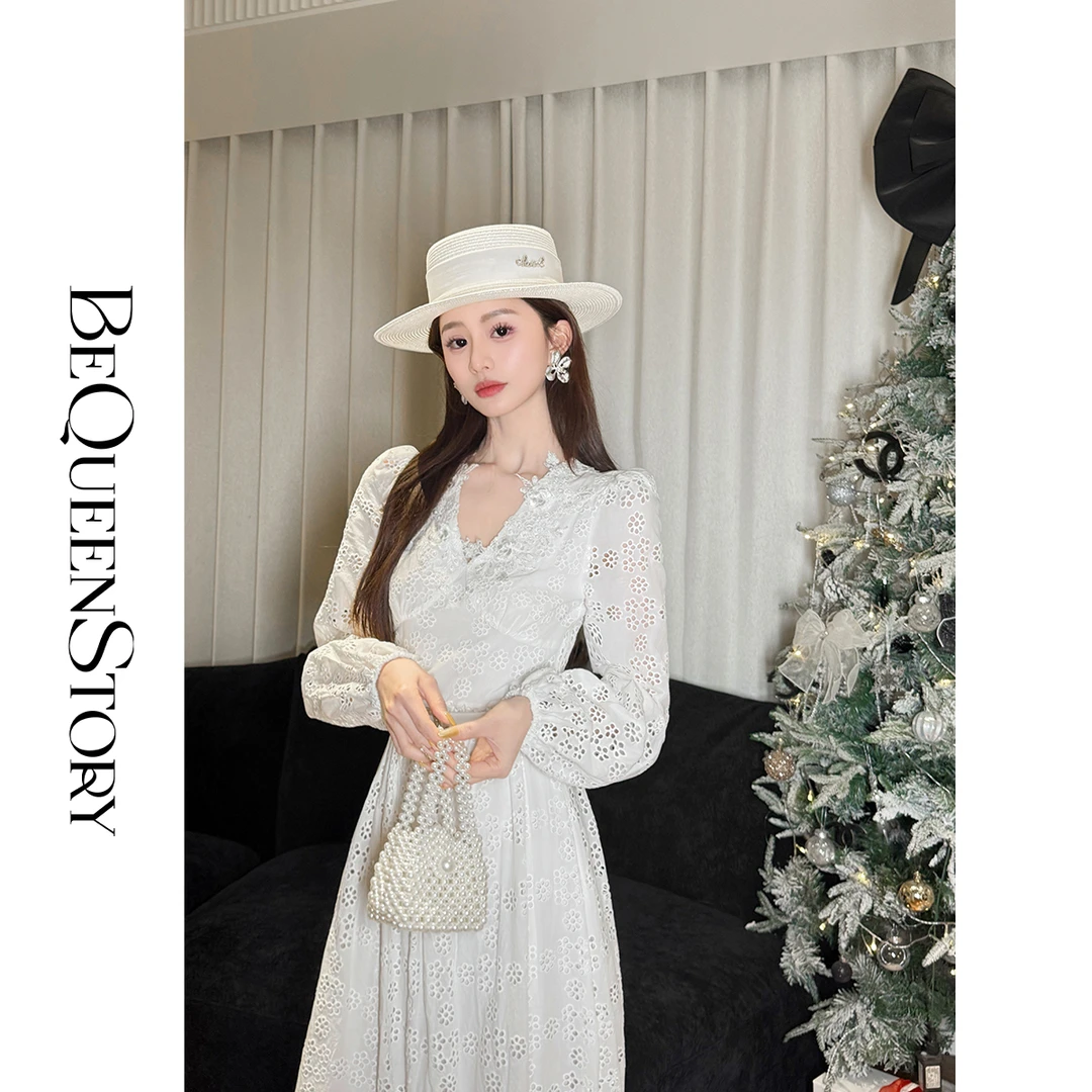 余潇潇【恋爱契约】100棉镂空绣花泡泡袖收腰连衣裙新款