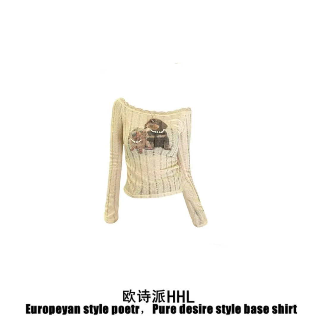 美式辣妹一字肩卡通小狗蕾丝长袖t恤女夏修身学院风显瘦百搭上衣