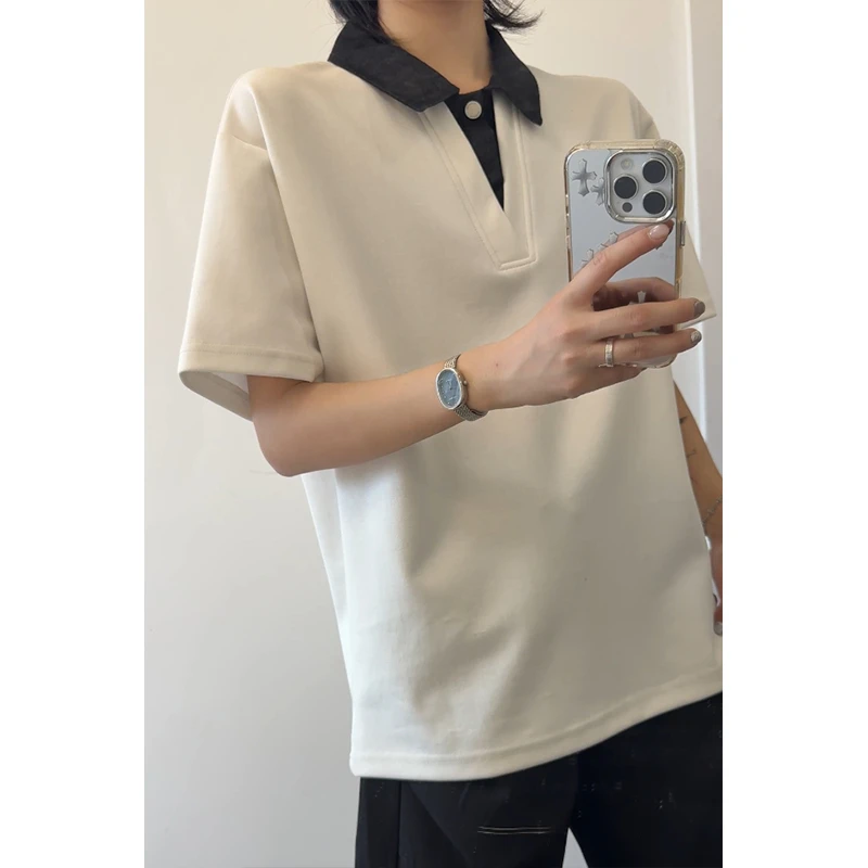 美式假俩件衬衫领短袖男t恤夏季氛围感cleanfit短宽BOXY版型半袖