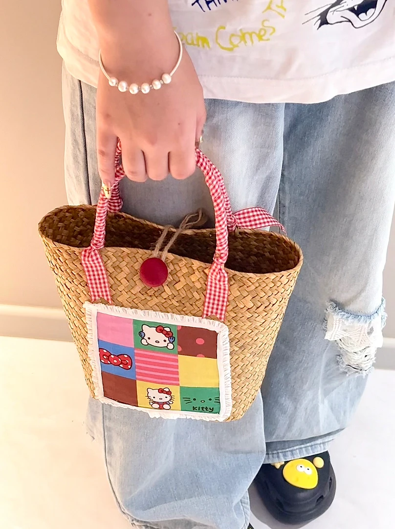 自制hellokitty菜篮子编织包草编手提手拎度假沙滩拎包夏百搭可爱