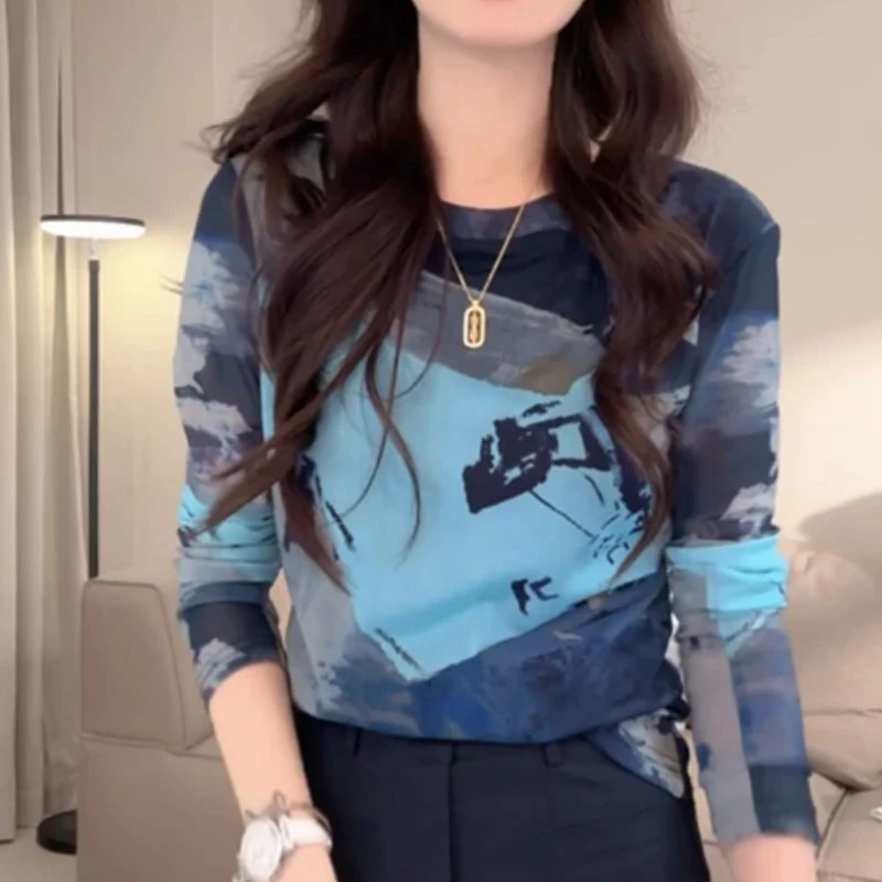 【SUSU】网纱薄款水墨画印花百搭撞色长袖T恤女修身显瘦打底衫上衣