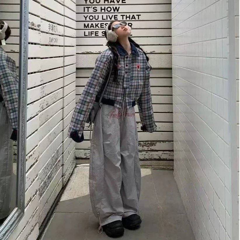 美式复古爱心格纹短款夹克外套女2025春季新款百搭弯刀裤时尚套装