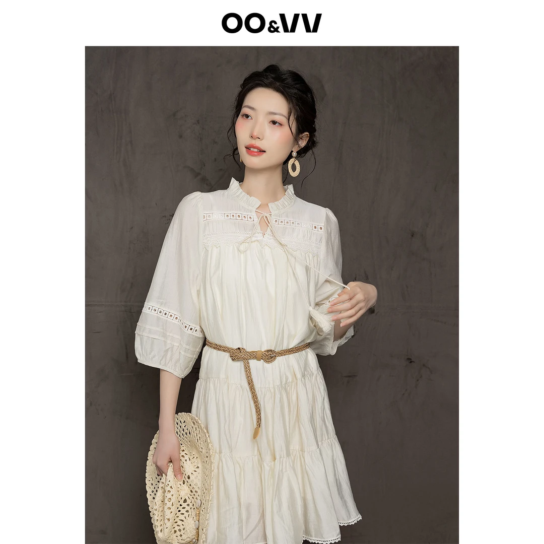 OO&VV法式甜美镂空米色连衣短裙女2025夏新款气质收腰显瘦褶皱裙