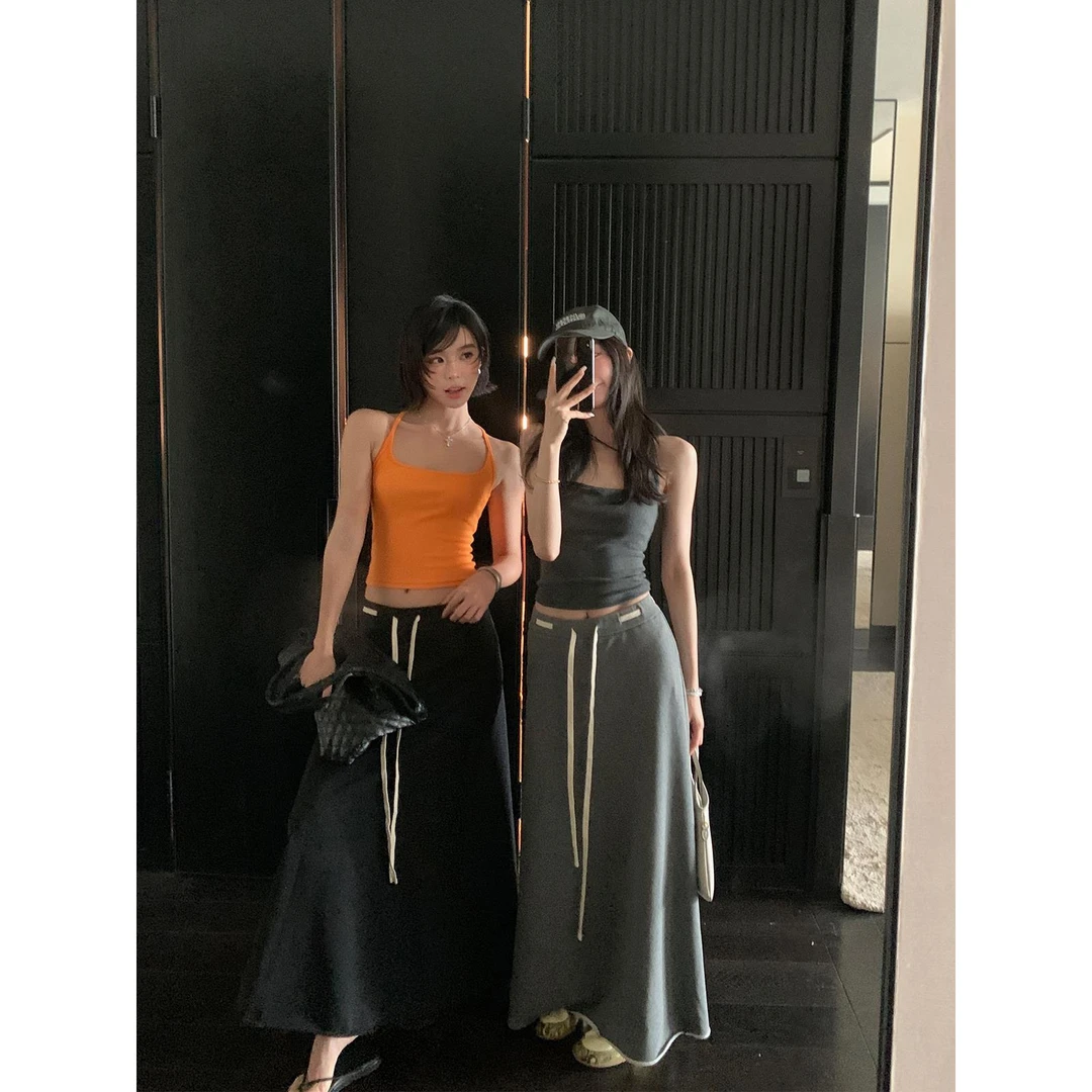 区区欧阳 撞色腰绳半身裙女夏季新款松紧高腰显瘦中长款A字裙裙子