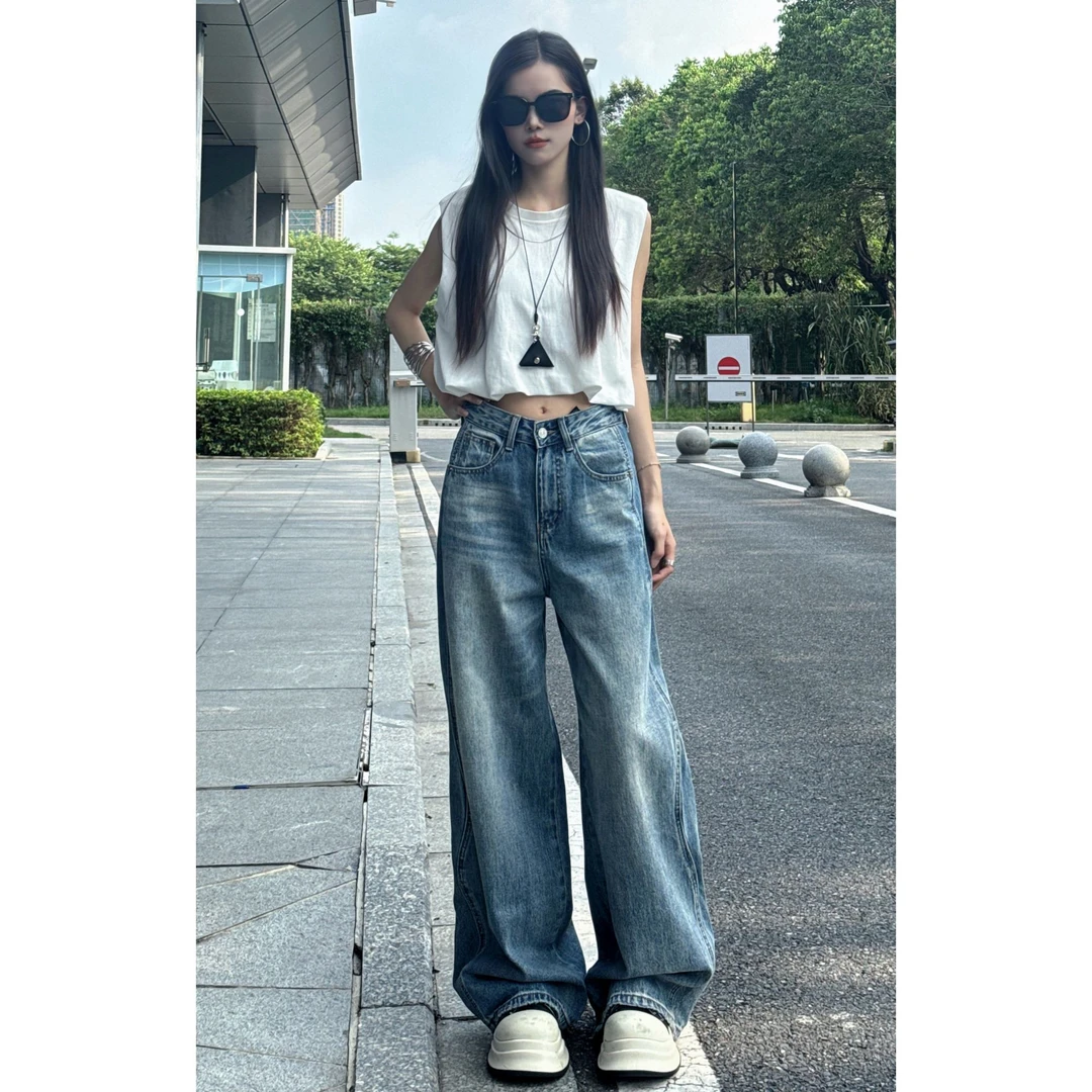 海浪 | 秋冬女宽松梨型身材直筒裤水洗中高腰拖地裤长裤牛仔裤
