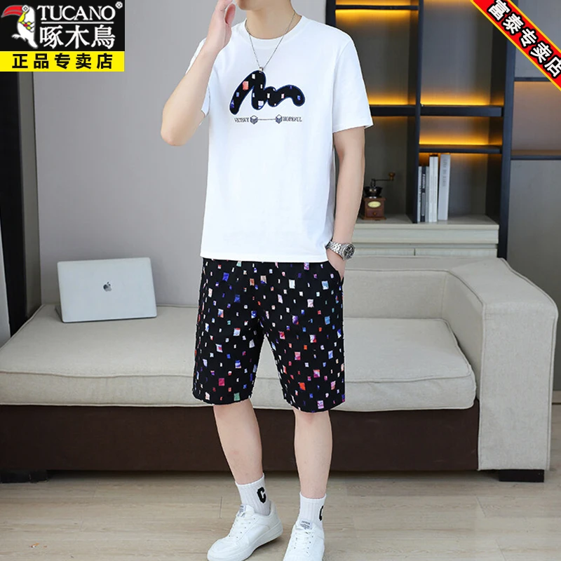 啄木鸟高级感男士休闲运动套装夏季潮流刺绣T恤男短袖短裤两件套