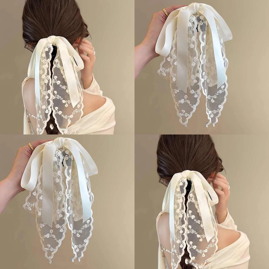 气质蕾丝飘带蝴蝶结半扎发发夹女2025新款低马尾抓夹后脑勺高级感