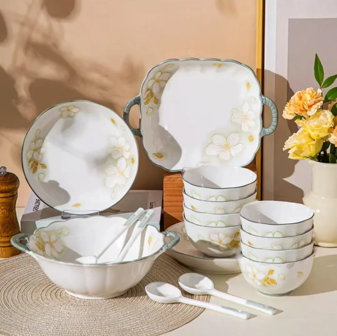 黄金叶创意餐具套装件套餐具碗盘鱼盘菜盘大汤碗碗碟勺子套装