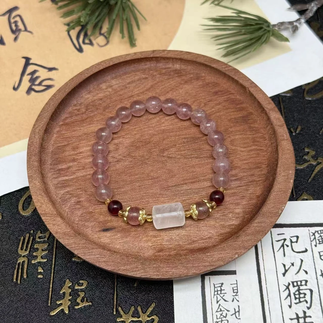 天然水晶草莓晶配白水晶单圈手串 多样性发一CMJ80390