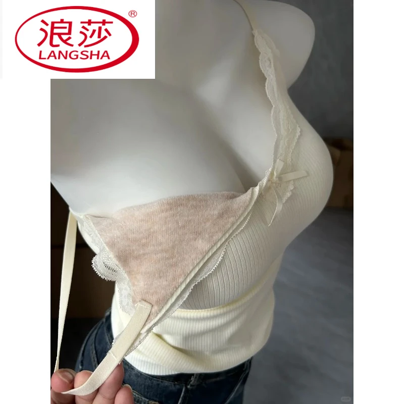 浪莎蕾丝吊带保暖背心女带胸垫美背一体式内衣打底内搭可外穿秋