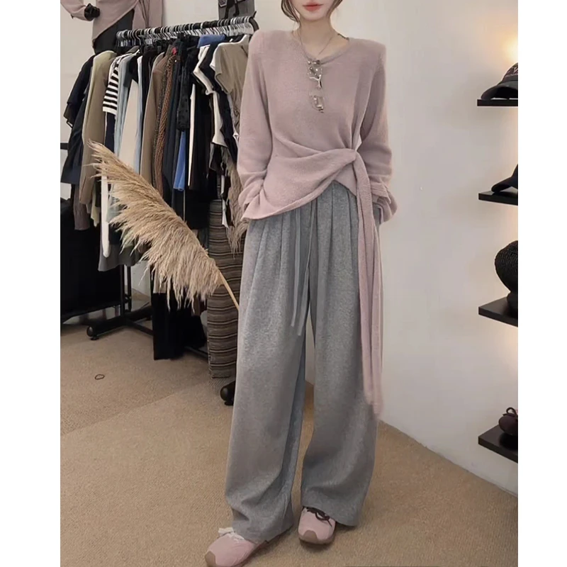 侧边收腰显瘦灰粉色毛衣女2025秋冬新款减龄软糯舒适长袖针织衫潮