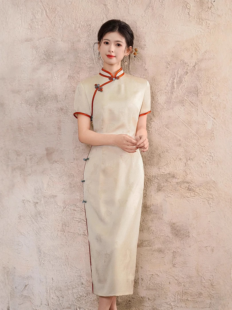 吴（六幺令）衣长118夏季双层改良复古白色新中式敦煌配色重工旗袍