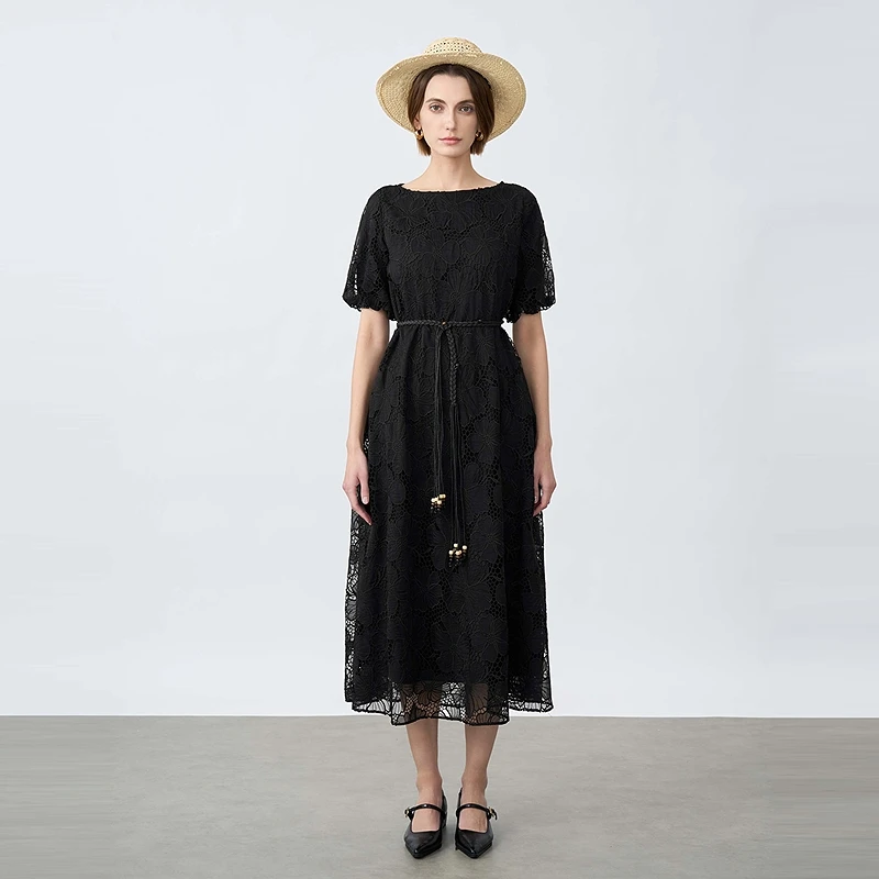 S·DEER圣迪奥女装夏季蕾丝显瘦气质时尚黑色优雅收腰拼接连衣裙