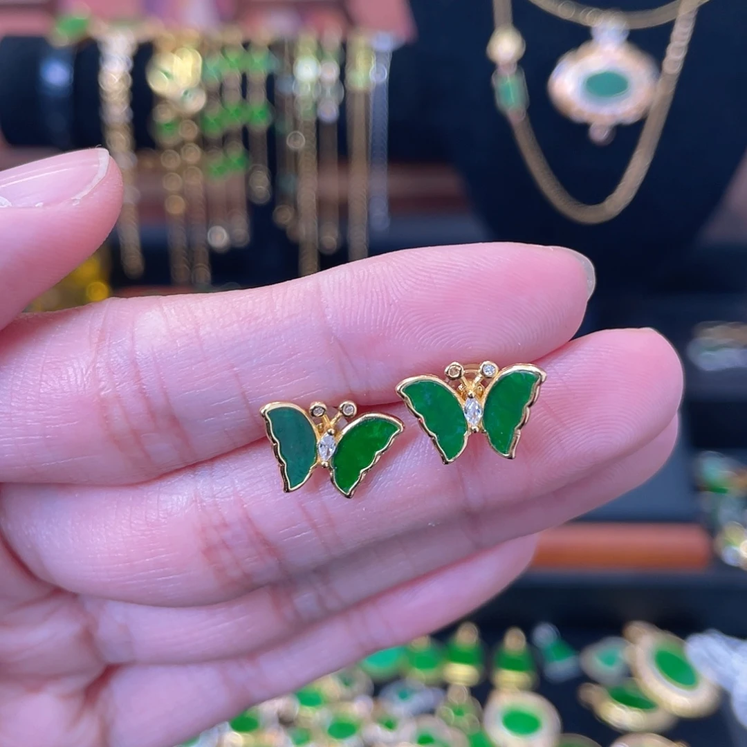 翡翠银S925镀金镶嵌耳饰