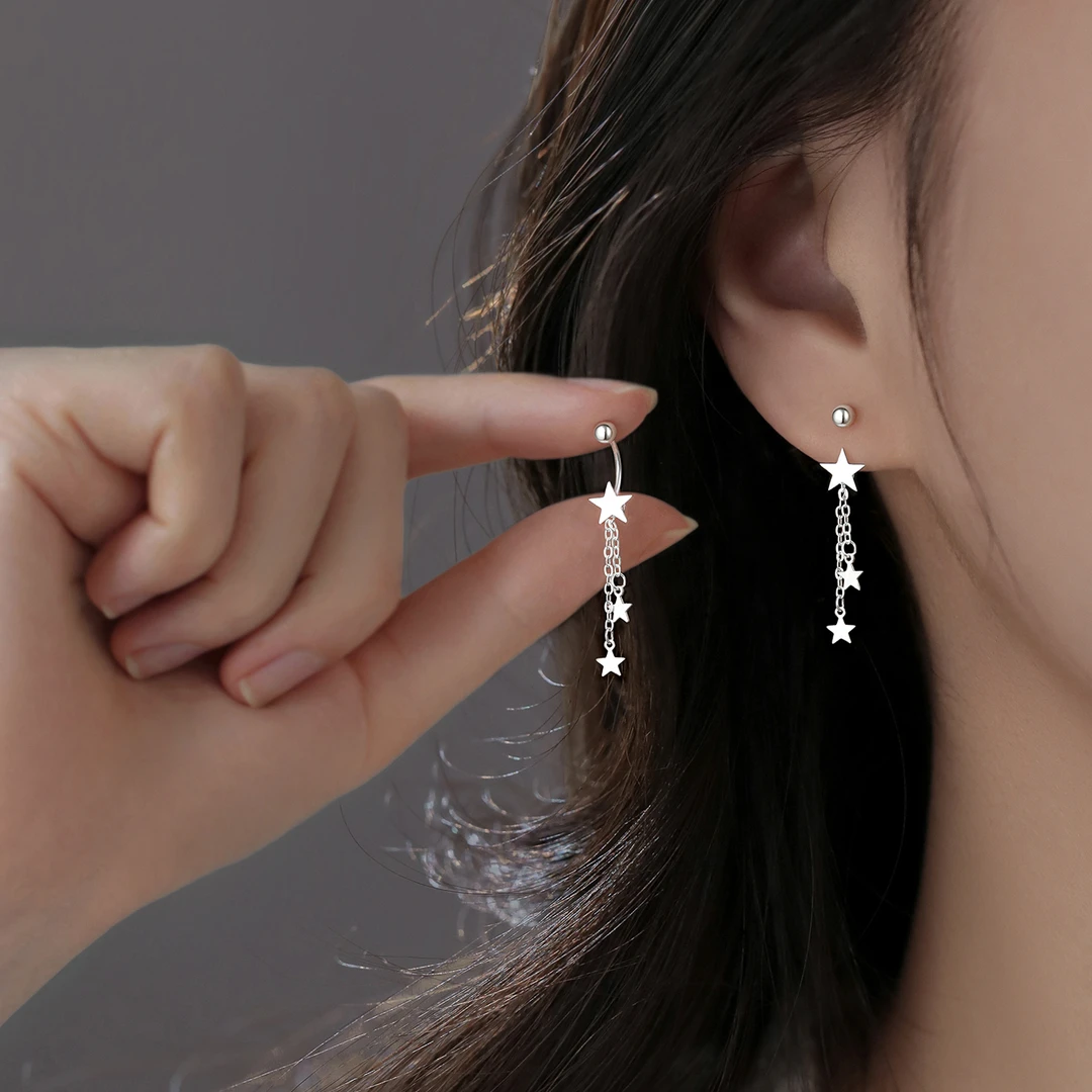 足银耳饰 999纯银星星流苏耳钉长款小众ins耳环女两戴设计感气质