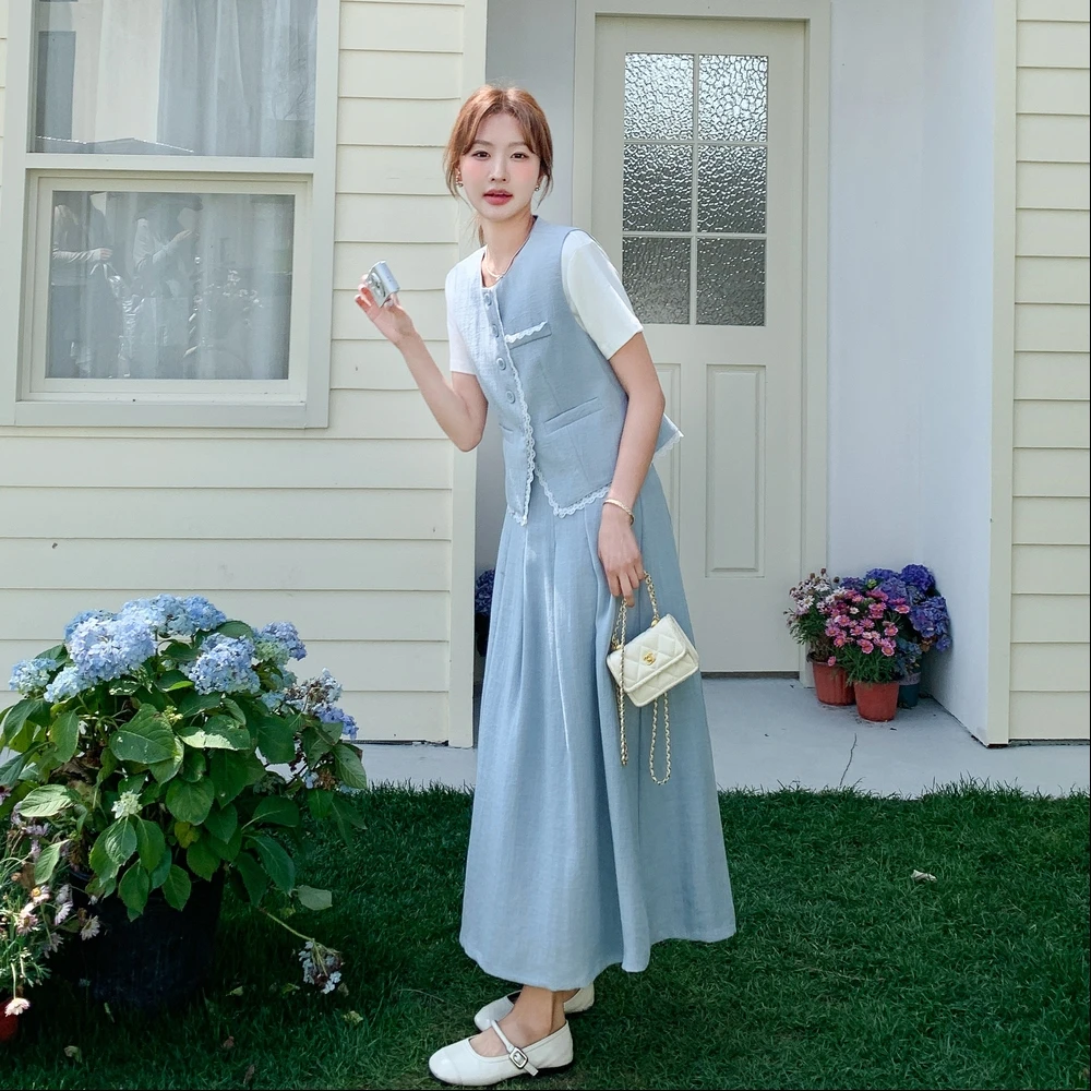 蓝色蕾丝花边马甲套装裙女2025夏季新款韩版气质减龄半身裙三件套