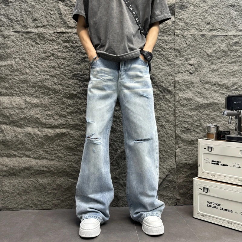 微喇阔腿闪电纹蓝色牛仔破洞裤2025新款男蓝色水洗男士微喇牛仔裤