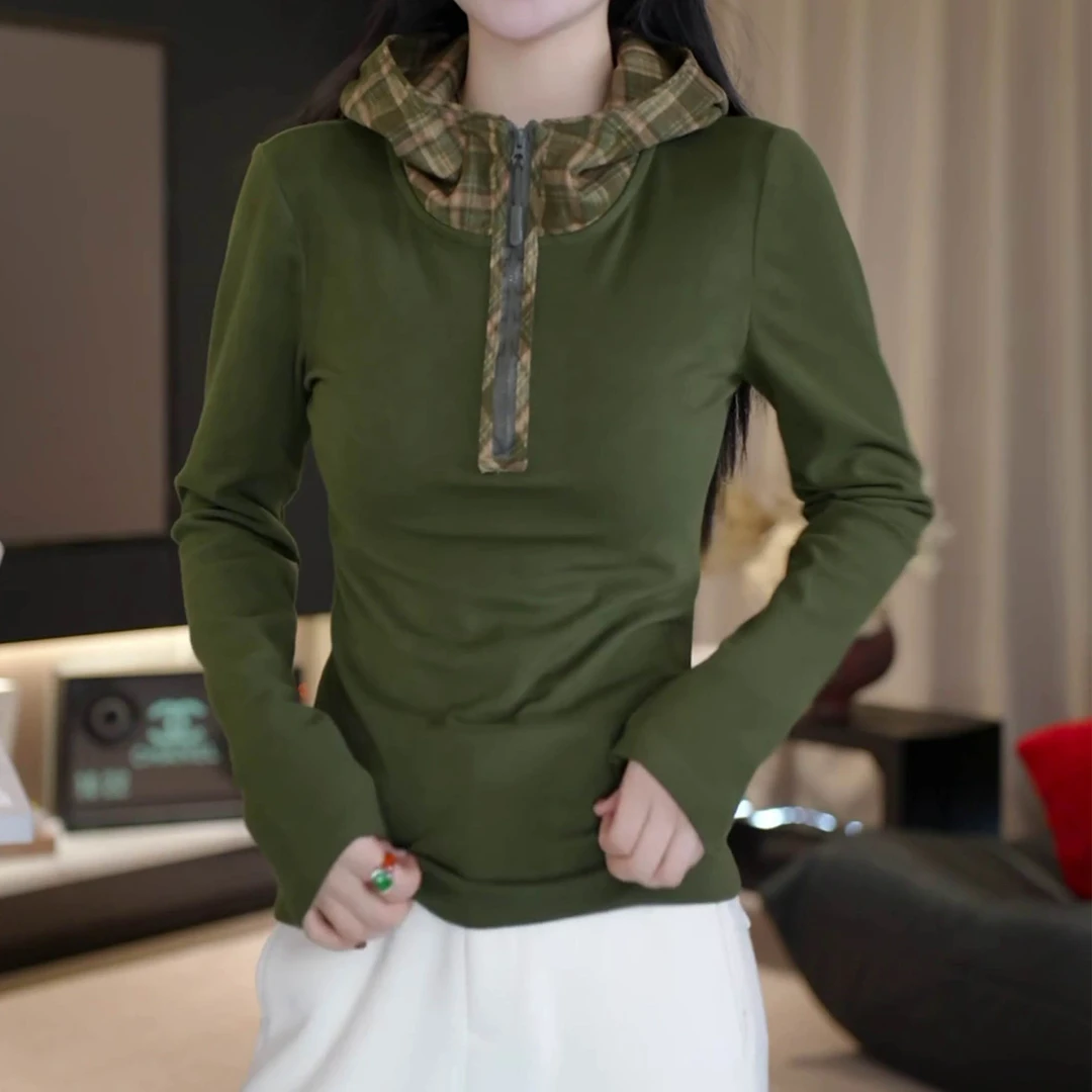 时尚气质半拉链修身保暖卫衣2025秋冬新款撞色格纹双面绒连帽上衣