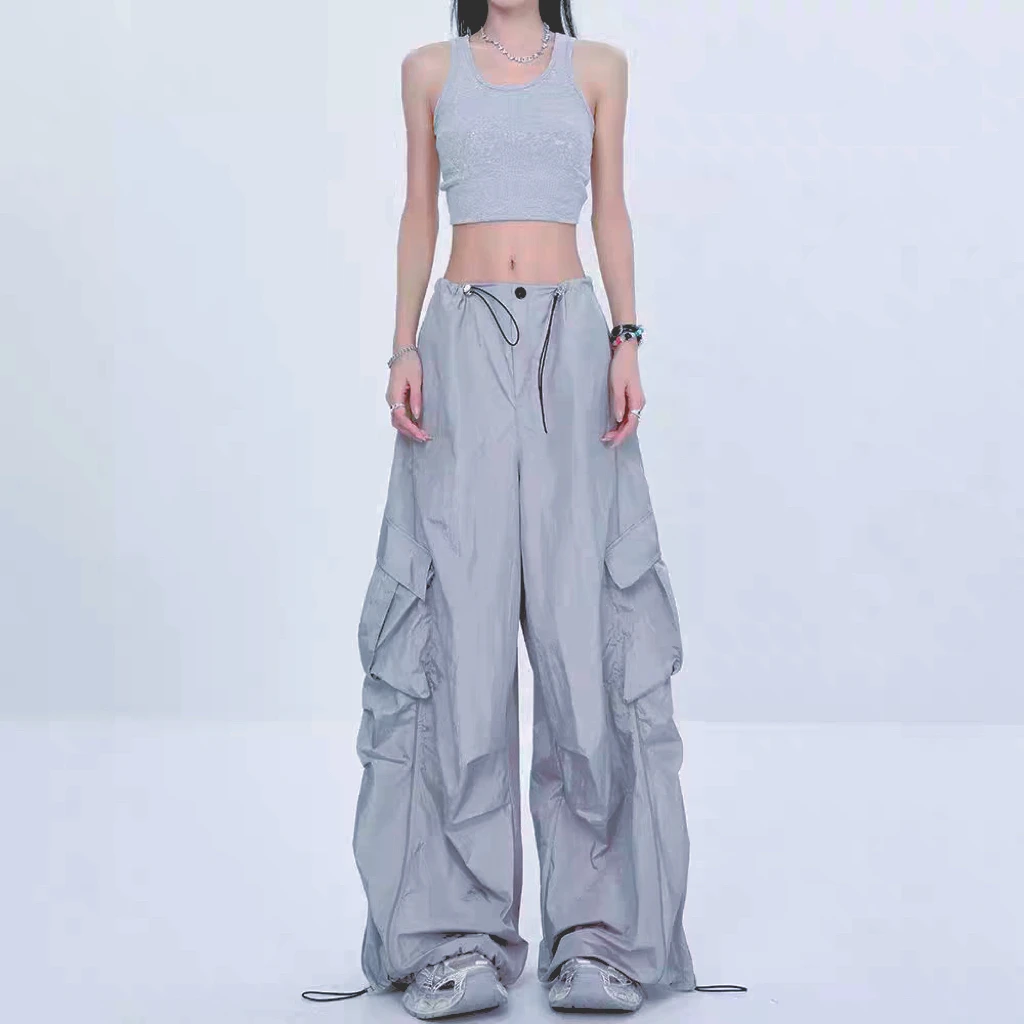 {现货}男女2025美式新款伞兵休闲裤夏季速干抽绳褶皱设计薄工装裤