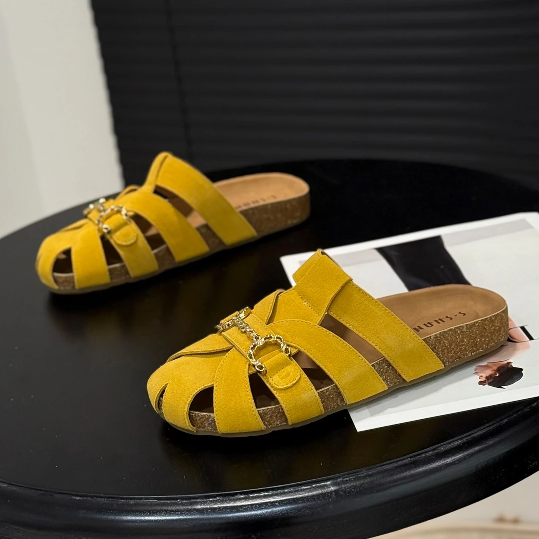 磨砂皮踩屎感包头半拖鞋女夏外穿2025爆款时尚平底无后跟懒人女拖