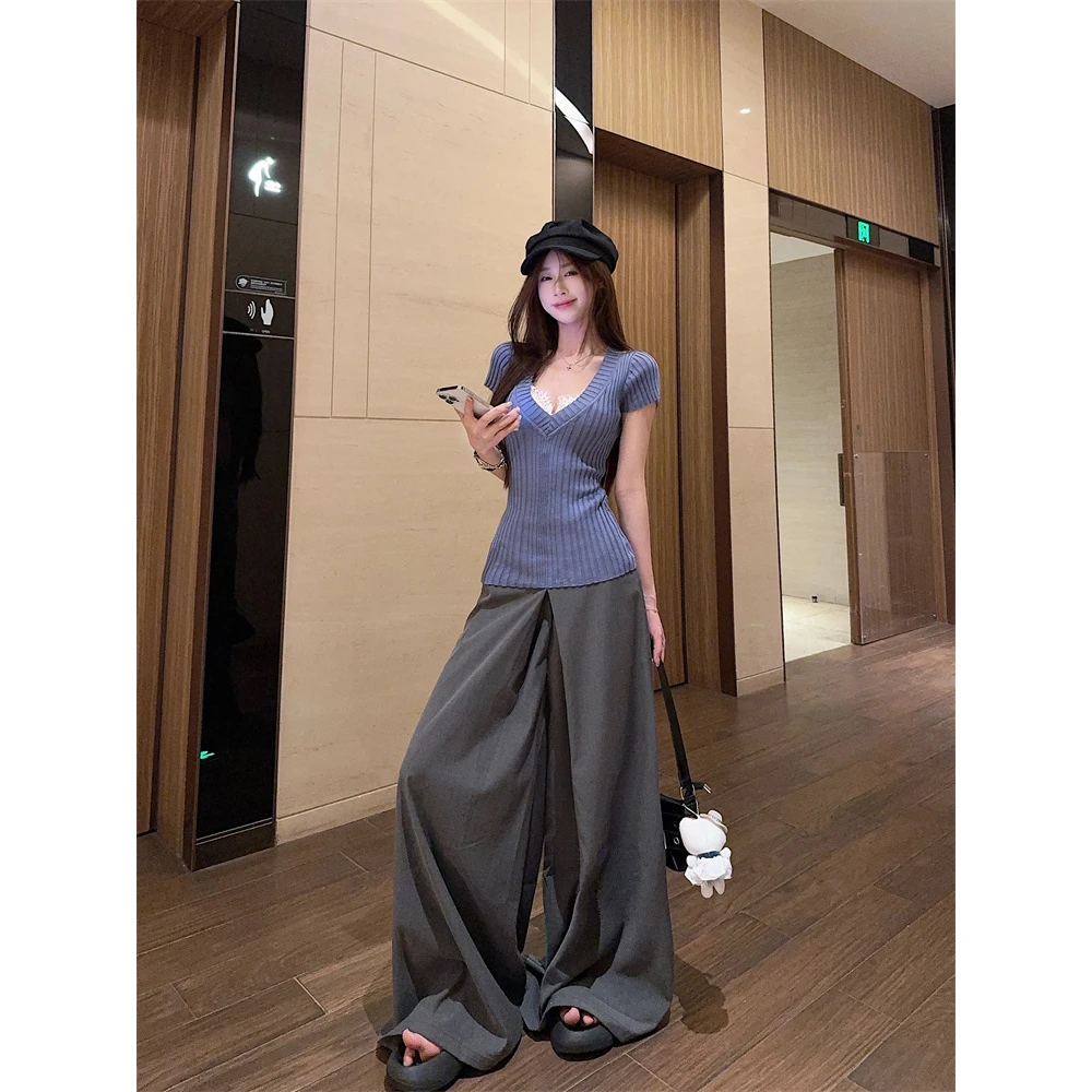 ~大码v领坑条高弹针织冰感收腰短袖上衣女+休闲长裤套装