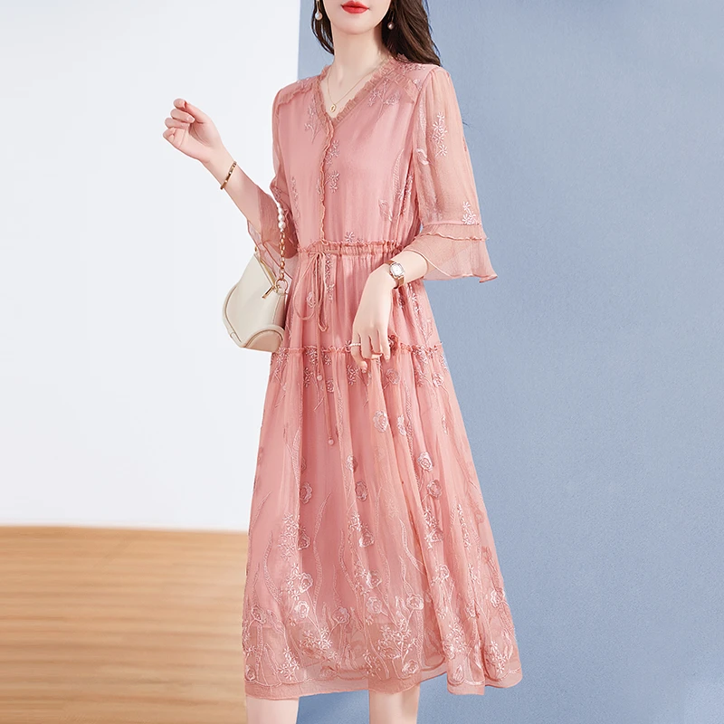 水墨佳人100%桑蚕丝真丝刺绣时尚连衣裙82393266