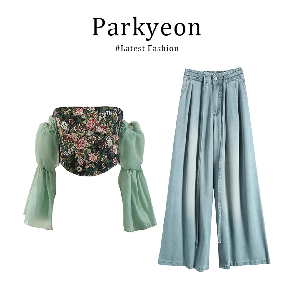 parkyeon夏日泡泡袖碎花抹胸背心上衣宽松显瘦百搭牛仔裤两件套装
